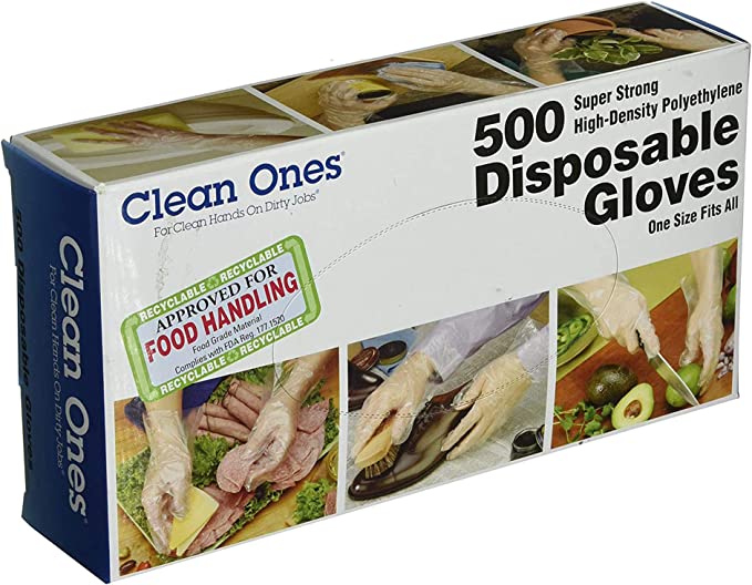 ''Clean Ones Disposable Food-Safe Poly GLOVES, One Size''