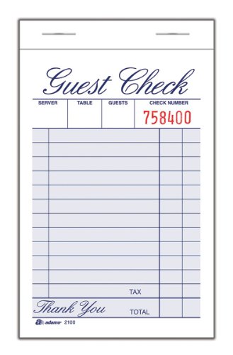 ''Adams Guest Check Pad, Single Part, White, 3-11/32'''' x 5-7/16'''', 100 SHEETS/Pad, 12 Pads/Pack (2100