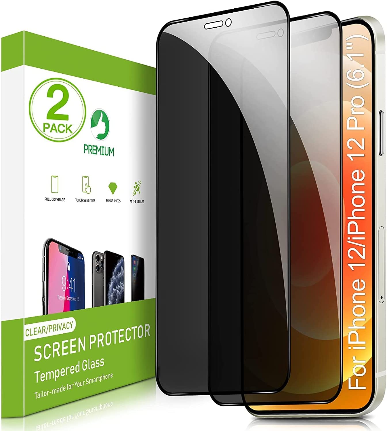 ''Uxinuo Privacy Screen Protector for IPHONE 12/12 Pro 2020 6.1'''' 2 Pack Anti Spy Tempered Glass Edge