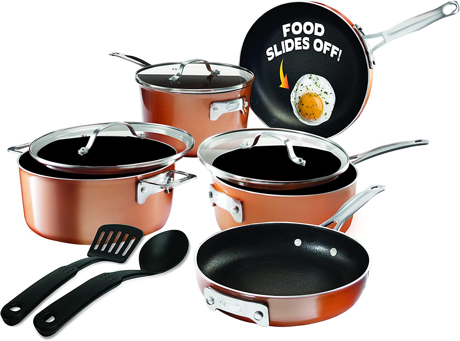 ''Gotham Steel Stackable Pots and Pans Stackmaster 10 Piece COOKWARE Set with Ultra Nonstick Cast Tex