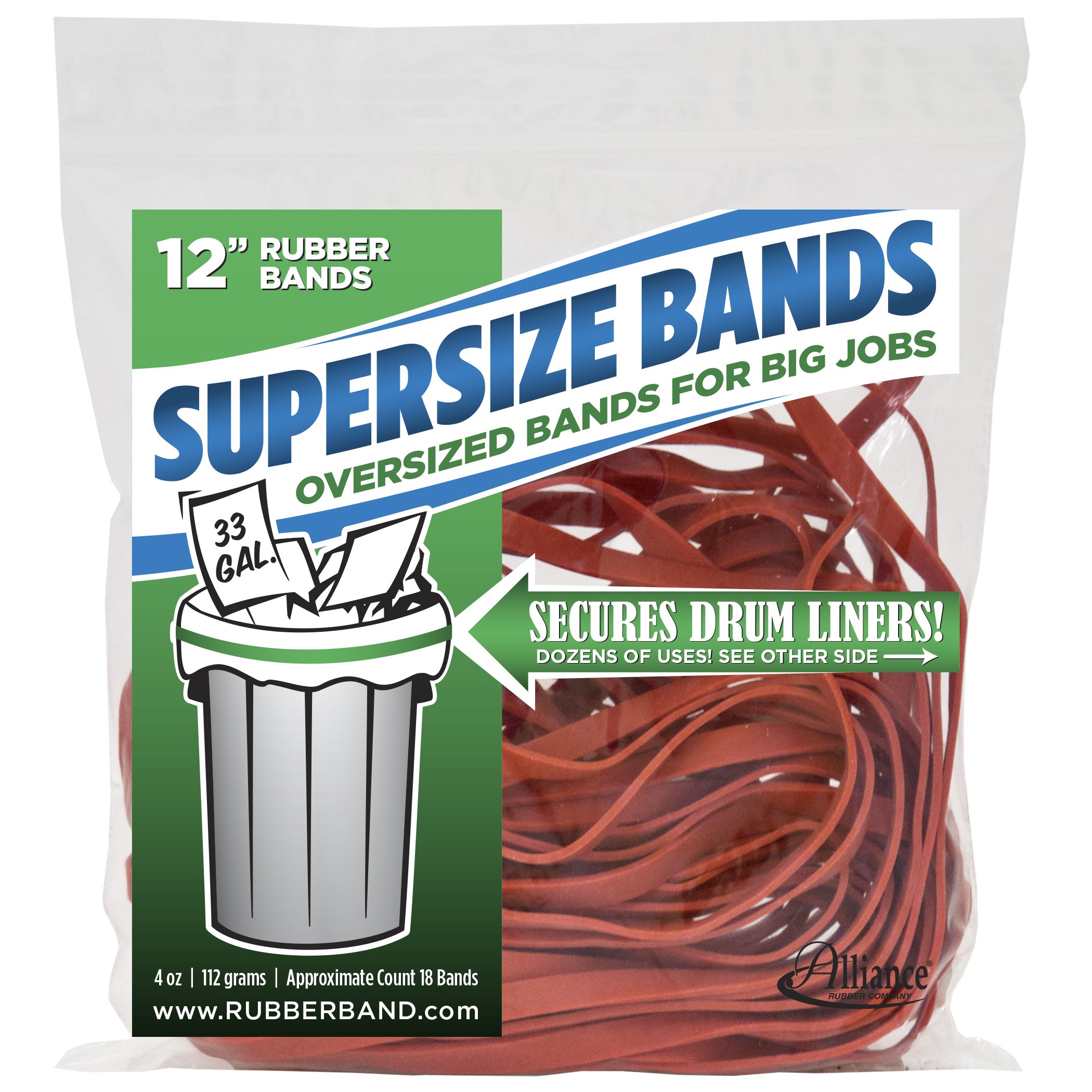 Product Image - Alliance Rubber 08994 SuperSize Bands, 12" Red Large Heavy Duty Latex Rubber Bands (4 ounce resealable bag contains approx. 18 bands)