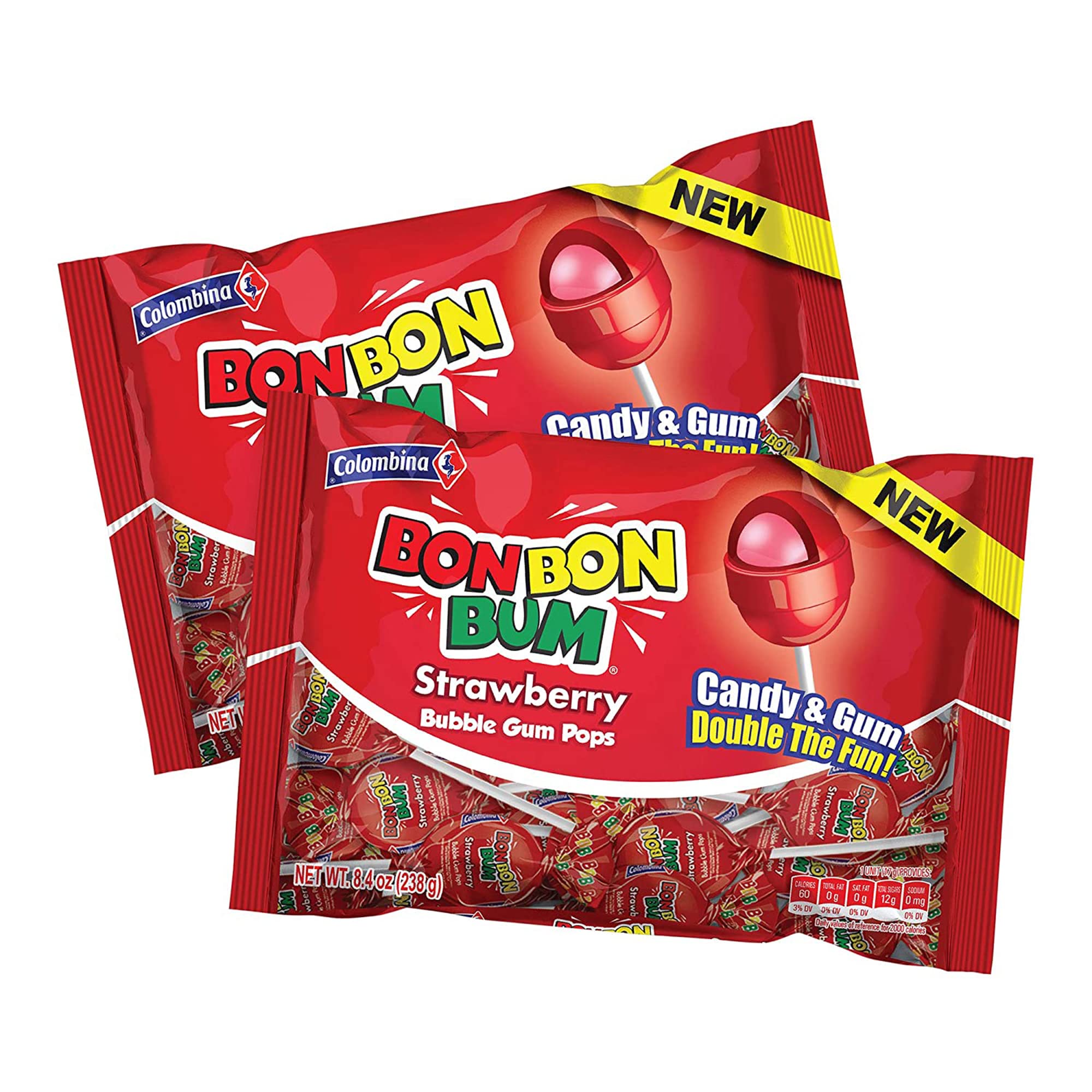 ''Colombina Bon Bon Bum Bubble Gum Lollipops Strawberry Flavor, BAGS with 50''