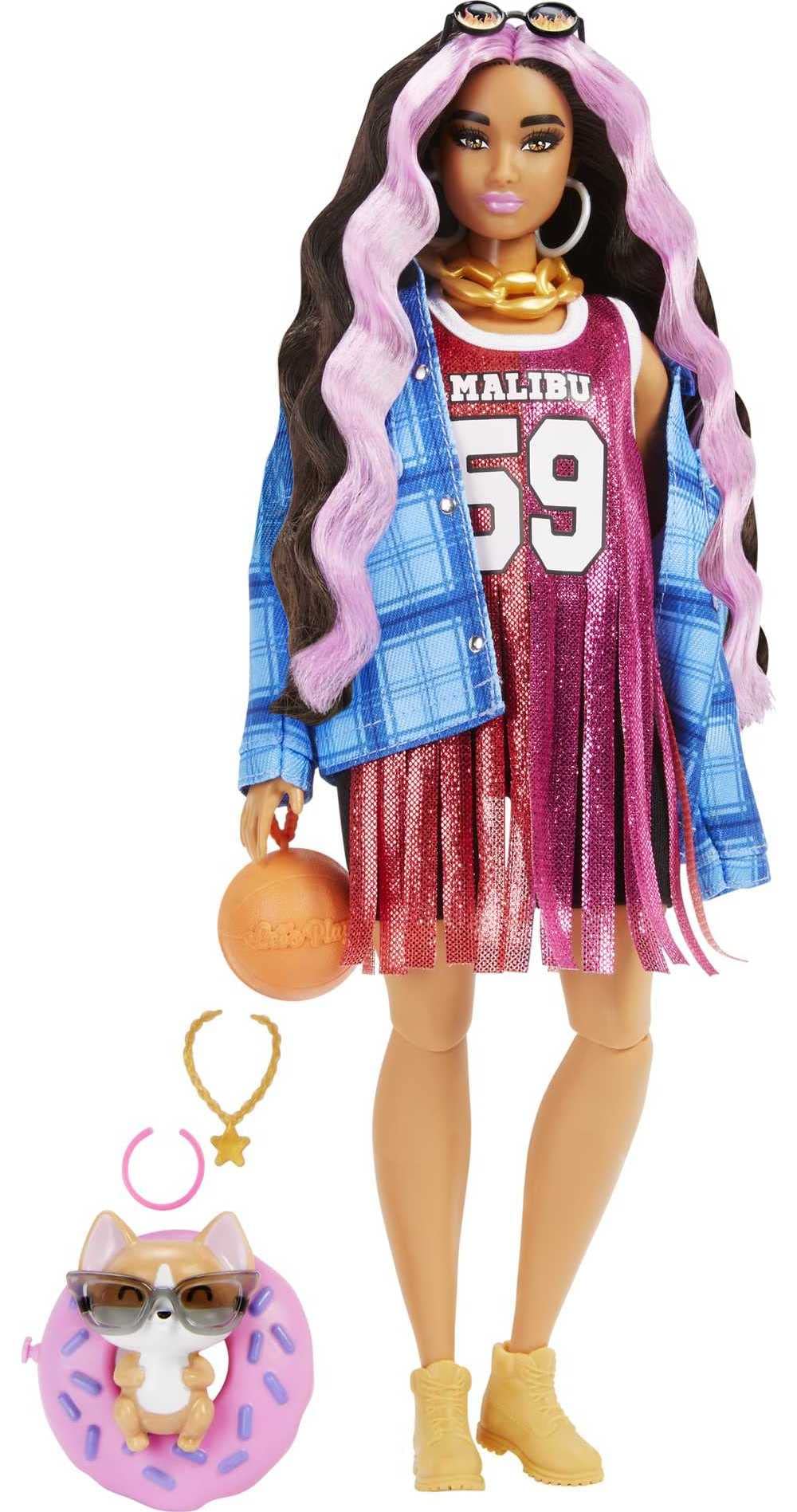 ''Barbie Dolls and Accessories, Extra Fashion Doll, Pink-Streaked Crimped Hair, Pet Corgi, JERSEY Dre