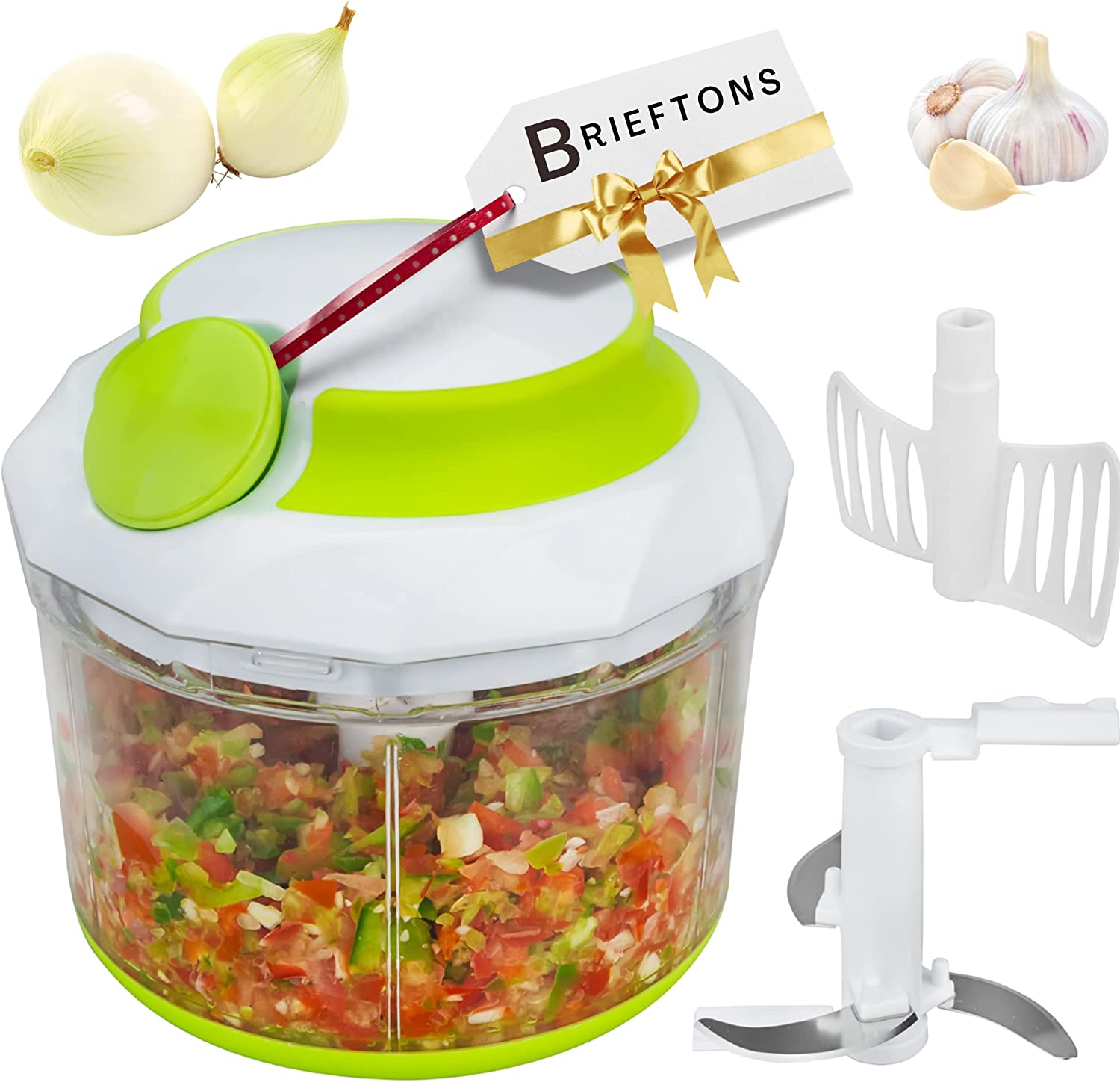 Product Image - Brieftons QuickPull Manual Food Chopper: Large 4-Cup Powerful Hand Pull Chopper / Mincer / Mixer Blender to Chop Onion, Garlic, Vegetables, Fruits, Herbs for Salsa, Salad, Pesto, Puree, Indian Cooking