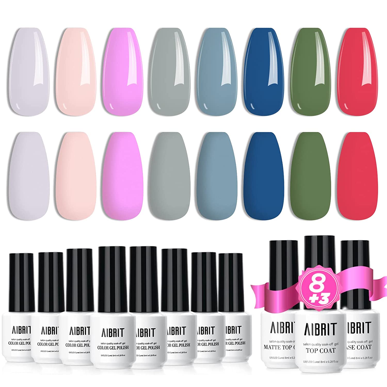 ''AIBRIT Gel Nail Polish 11Pack, 8 Colors Gel Polish and 3Pcs Base COAT, No Wipe Glossy Shiny & Matte