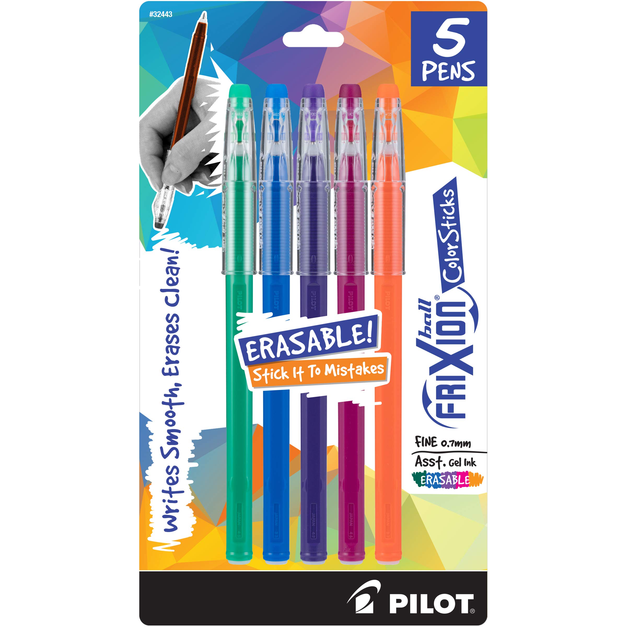 ''PILOT FriXion ColorSTICKS Erasable Gel Ink STICK Pens, Fine Point, Kelly Green/Blue/Purple/Magenta/