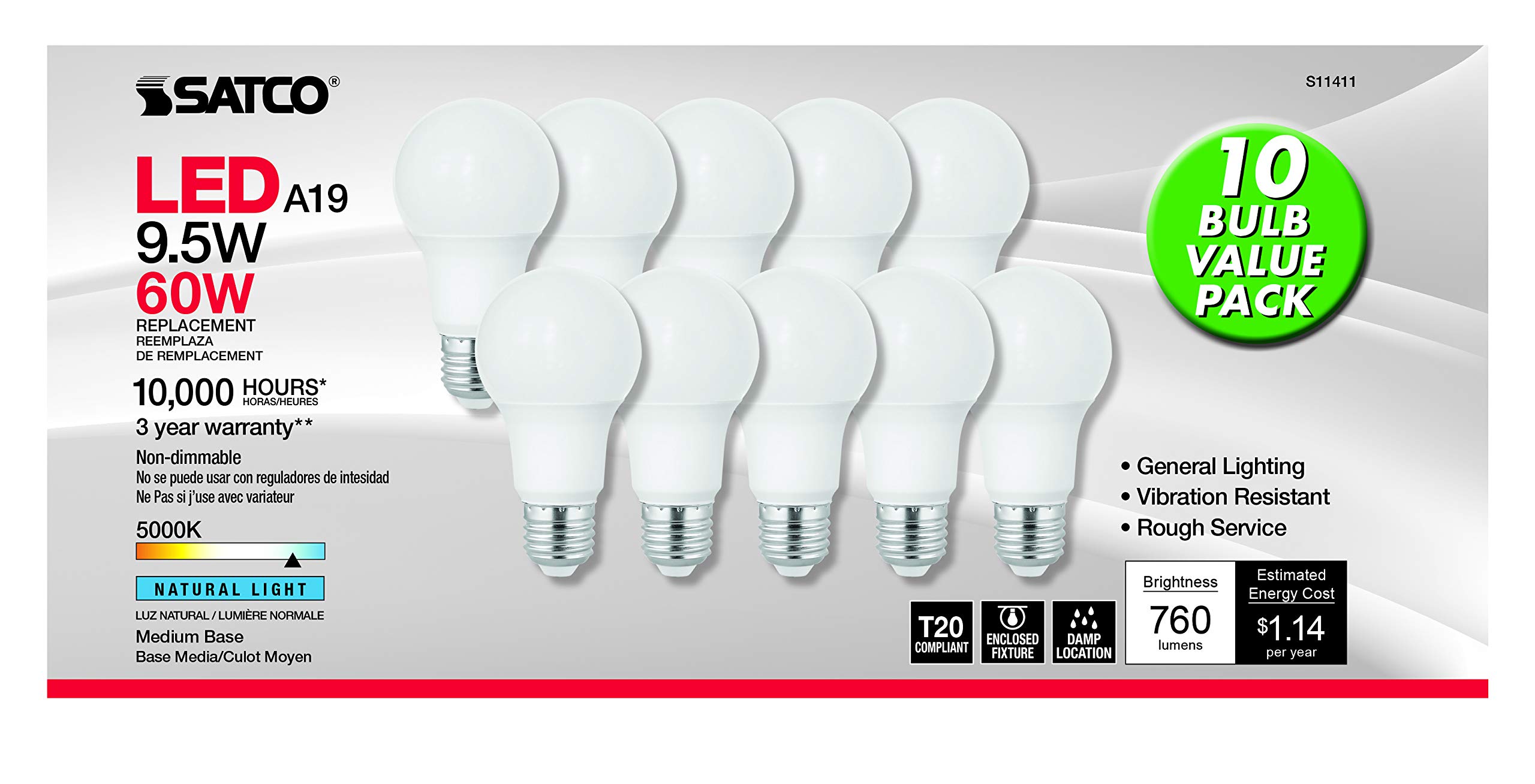 Product Image - Satco S11411 9.5-Watt A19 LED Light Bulbs, 60-Watt Replacement, 5000K Natural Light, 760 Lumens, 10 Pack