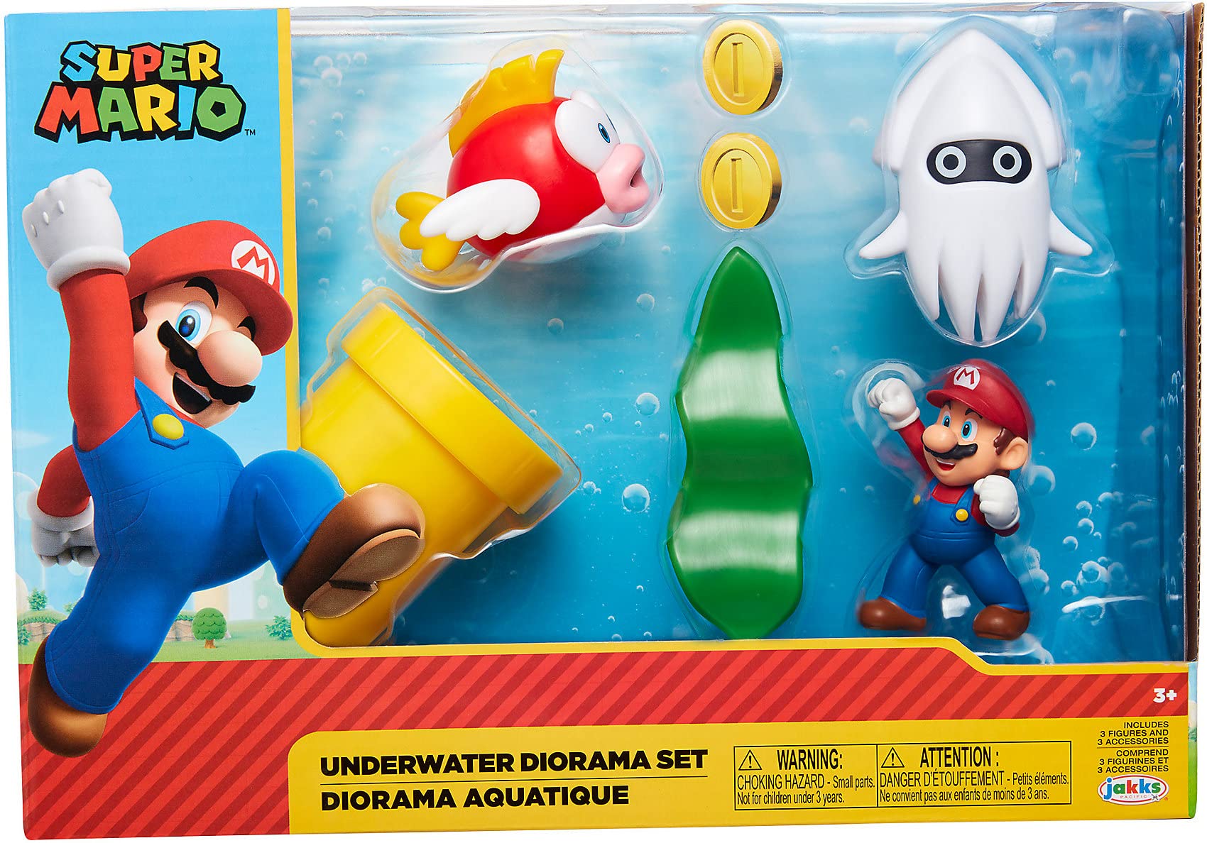 Product Image - SUPER MARIO Nintendo Underwater 2.5" Figure Diorama Play Set, Includes: Mario, Cheep-Cheep, Blooper, Mechanical Warp Pipe, Spinning Water Plant & Two Coins (400162)