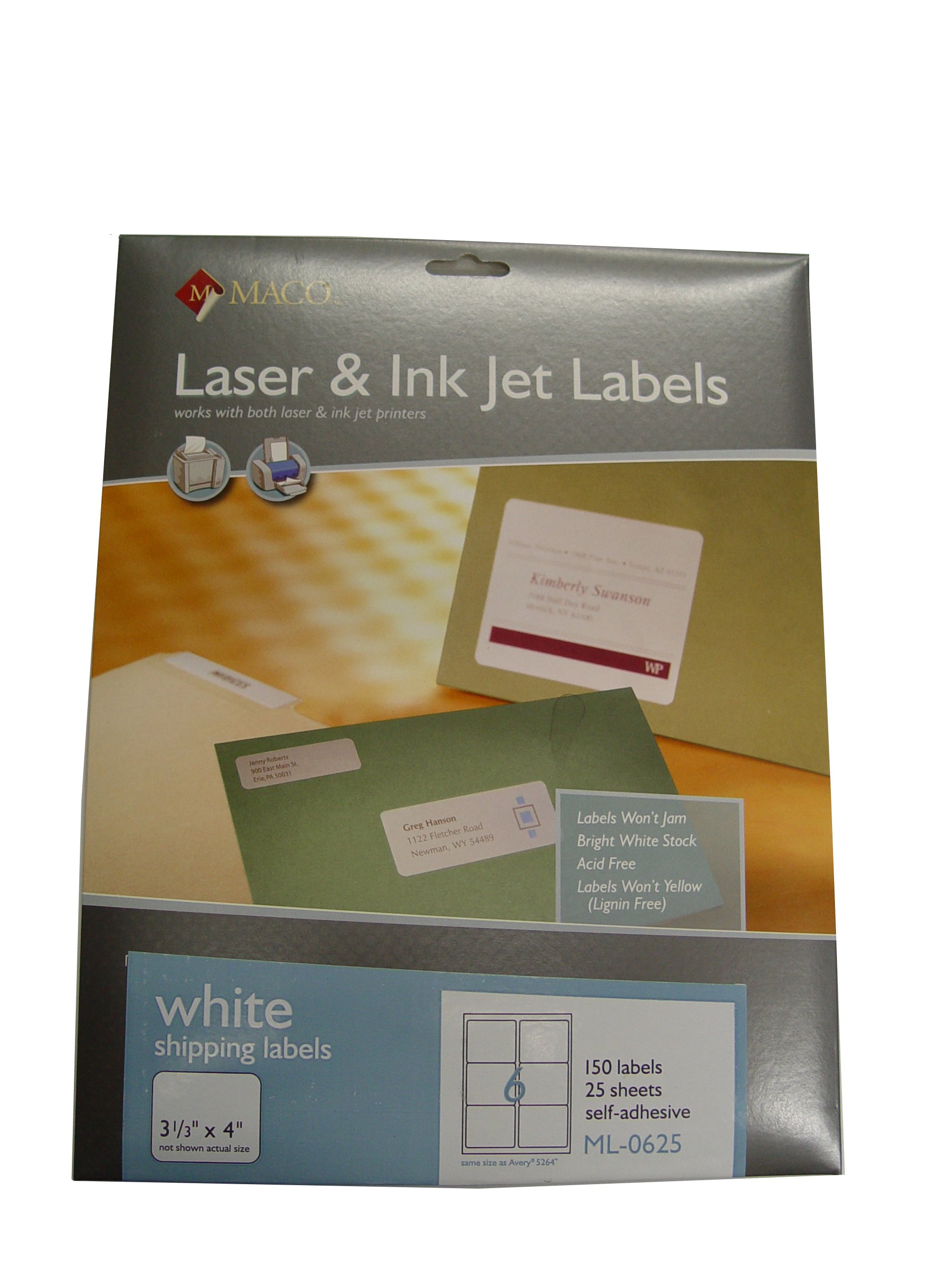 ''MACO LASER/Ink Jet White COVER-ALL Shipping Labels, 3-1/3'''' x 4'''', 6 per Sheet, 150 per Pack (ML-06