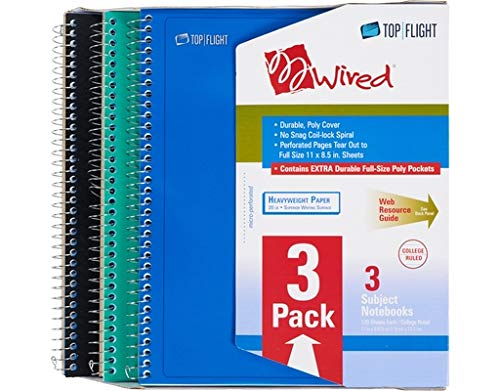 Product Image - Top Flight Wired 3-Subject Wirebound Notebooks, 3 Count, Black, Blue, and Greeen
