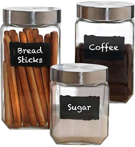 ''Circleware Provincial Chalkboard Glass Canisters with METAL Lids, Set of 3, Kitchen Glassware Food 