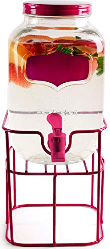 Product Image - Circleware Yorkshire Chalkboard Mini Mason Jar Glass Beverage Dispenser with Spout, Lid and Metal Stand, Party Glassware for Water, Juice, Ice Tea, Kombucha Cold Drinks, 1 Gallon, Fuschia