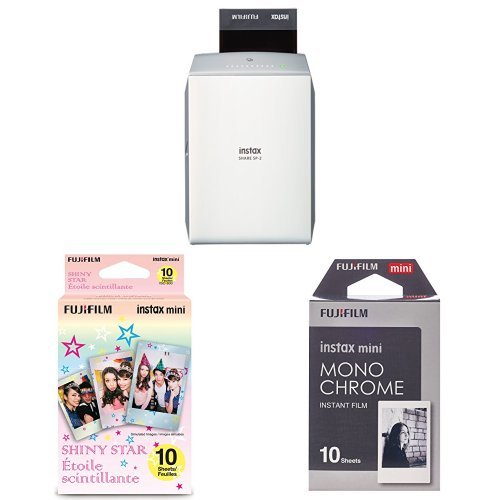 Fujifilm INSTAX Share SP-2 Smart Phone PRINTER (Silver) w/Monochrome Film & Shiny Star Film - 20 Exp