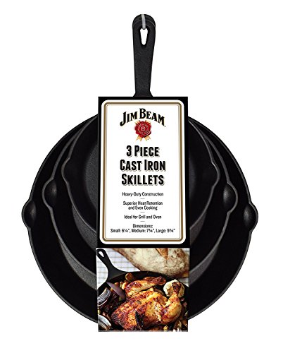 ''Jim Beam JB0195 Su Set of 3 Pre-Seasoned CAST IRON Skillet Set | Heavy-Duty Construction for Superi