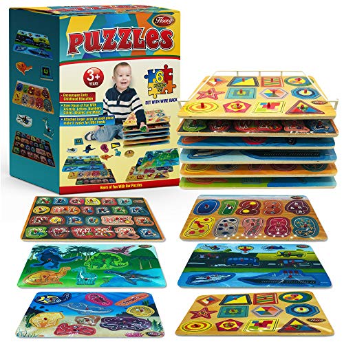 ''Premium Baby Peg PUZZLE 6-in-1 Set by Hoovy - 6 Different Themed Educational Knob PUZZLEs for Boy &