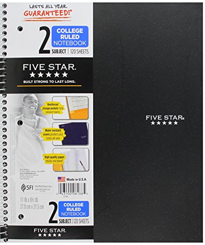 ''Five Star Spiral Notebook, 2 Subject, College Ruled Paper, 120 SHEETS, 11 x 8-1/2, Color Selected F