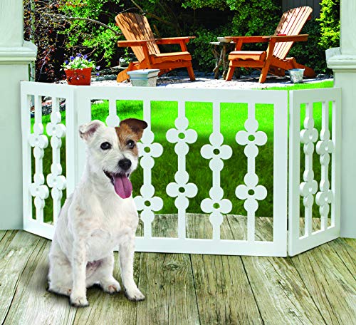 ''Etna White Floral Wooden Pet Gate - Freestanding Foldable Adjustable 3-Section DOG Gate. Extra Wide